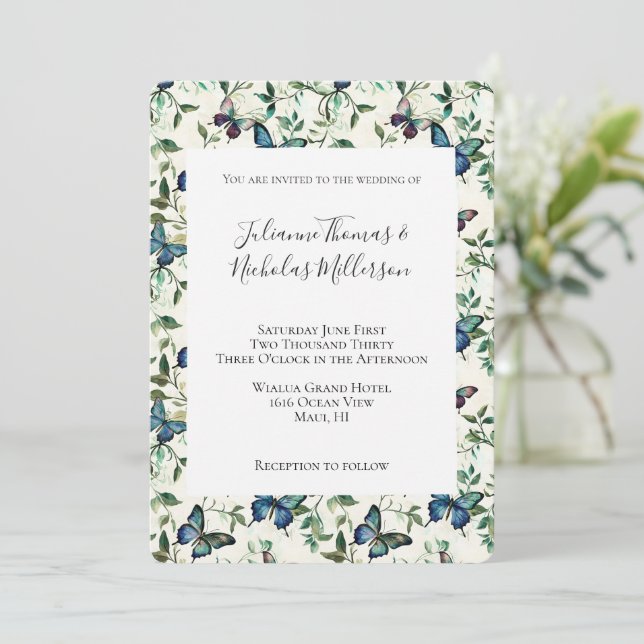 Invitation Mariage de papillons bleu romantique chic (Debout devant)