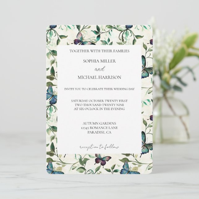 Invitation Mariage de papillons bleus tropicaux (Debout devant)