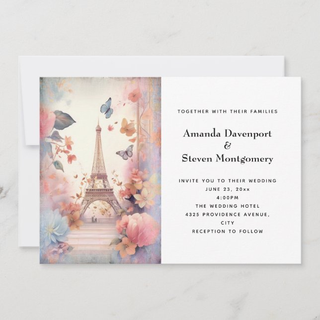 Invitation Mariage de papillons et fleurs Tour Eiffel (Devant)
