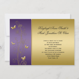 Invitation Mariage de papillons floraux pourpre et or