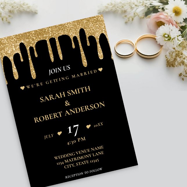 Invitation Mariage de Parties scintillant Black & Gold (Black & Gold Glitter Drip Wedding Invitation)