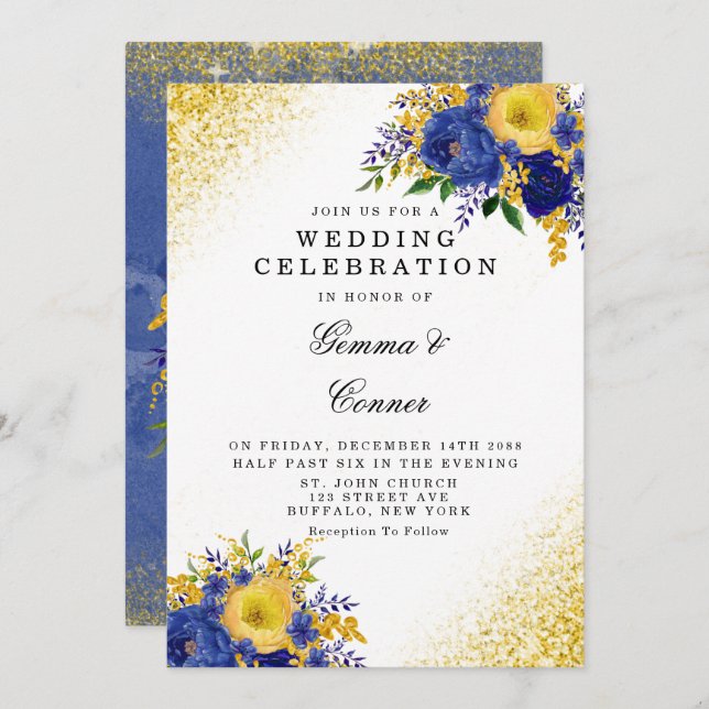 Invitation Mariage de Parties scintillant d'or bleu bleu jaun (Devant / Derrière)