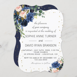 Invitation Mariage de Parties scintillant d'or floral bleu ma
