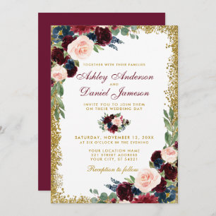 Invitation Mariage de Parties scintillant d'or Floral Burgund