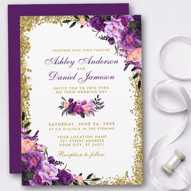 Invitation Mariage de Parties scintillant d'or floral violet  (Customize to change text color, style, add text & photos to back or change color of back of card.)