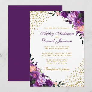 Invitation Mariage de Parties scintillant d'or floral violet