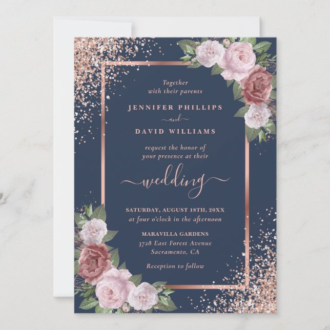 Invitation Mariage de Parties scintillant d'or Rose et bleu m (Devant)