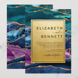 Invitation Mariage de Parties scintillant dorée violet bleu v
