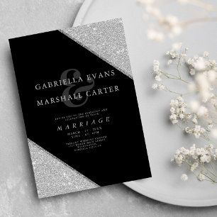 Invitation Mariage de parties scintillant en argent noir géom