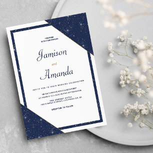 Invitation Mariage de parties scintillant en or blanc bleu ma