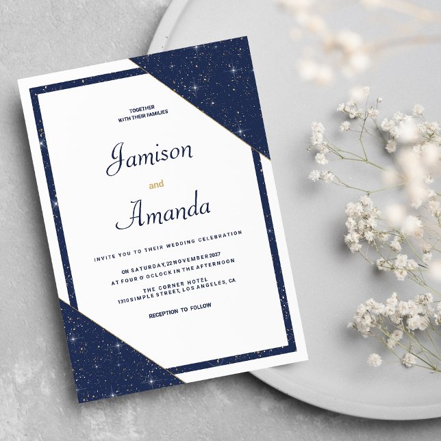Invitation Mariage de parties scintillant en or blanc bleu ma (Geometric navy blue white gold glitter Wedding)