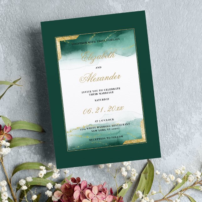 Invitation Mariage de parties scintillant en or blanc vert fo (Dark green white watercolor gold glitter wedding )