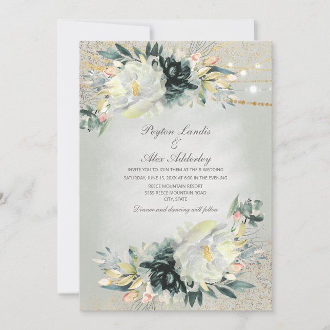 Invitation Mariage de Parties scintillant Florale blanc vert (Devant)