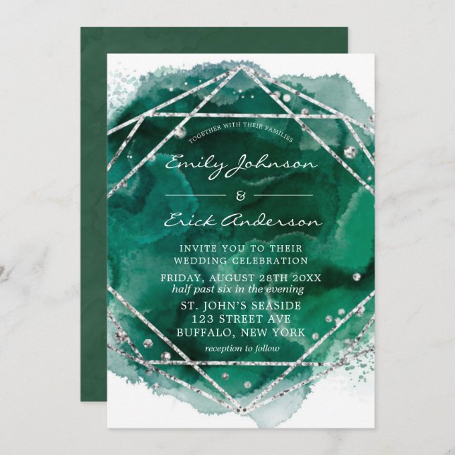 Invitation Mariage de Parties scintillant géométrique Emerald (Devant / Derrière)