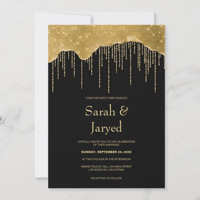 Invitation Mariage de Parties scintillant Gold Drip (Devant)
