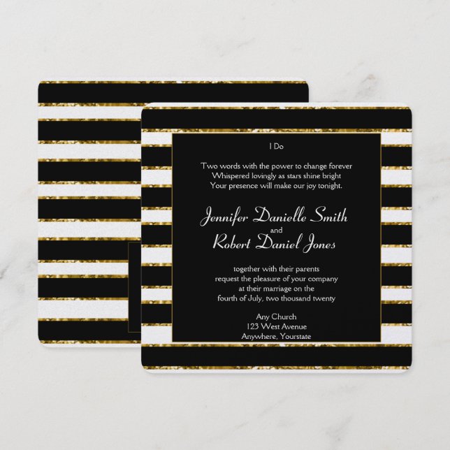 Invitation Mariage de Parties scintillant noir blanc et or (Devant / Derrière)