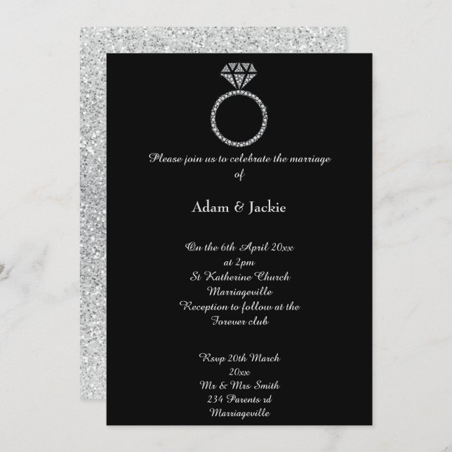 Invitation Mariage de Parties scintillant noire Luxe Diamond  (Devant / Derrière)