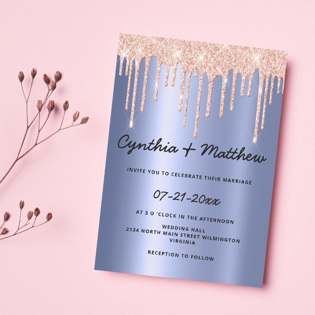 Invitation Mariage de parties scintillant rose en or bleu cla (Blush blue gradient rose gold glitter drip wedding)