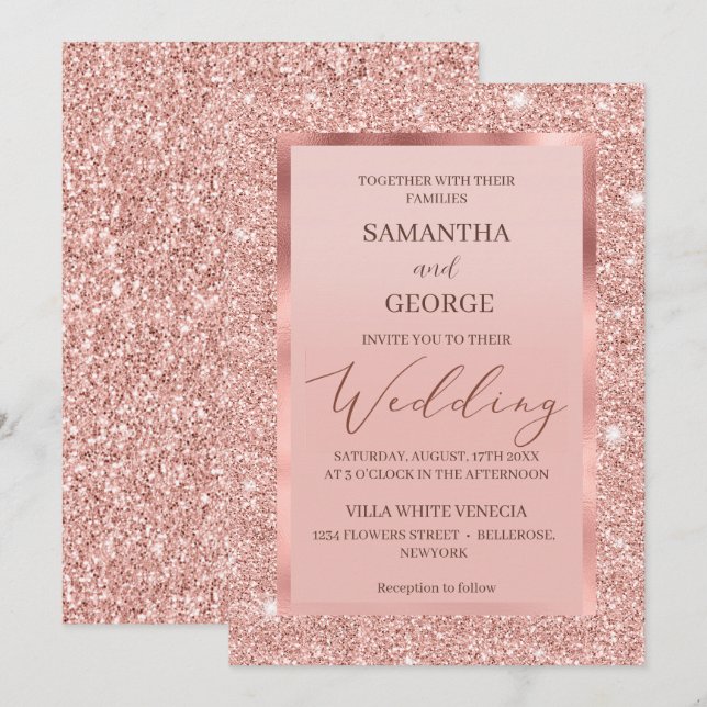 Invitation Mariage de Parties scintillant rose Gold (Devant / Derrière)