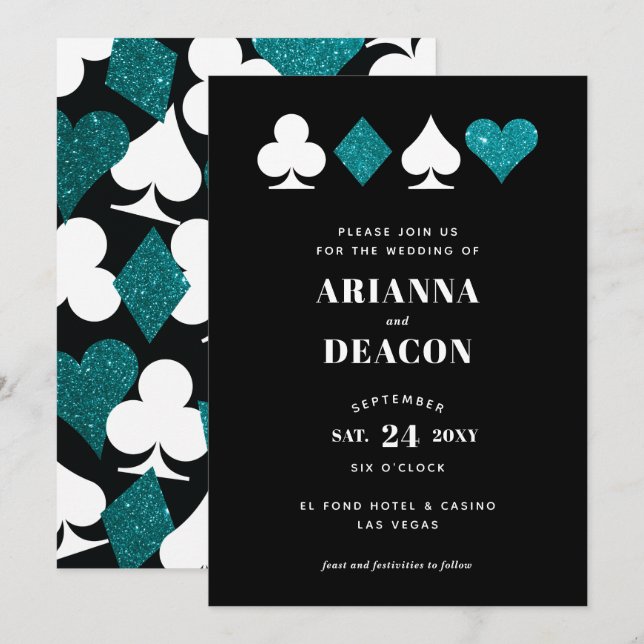 Invitation Mariage de Parties scintillant Turquoise du casino (Devant / Derrière)