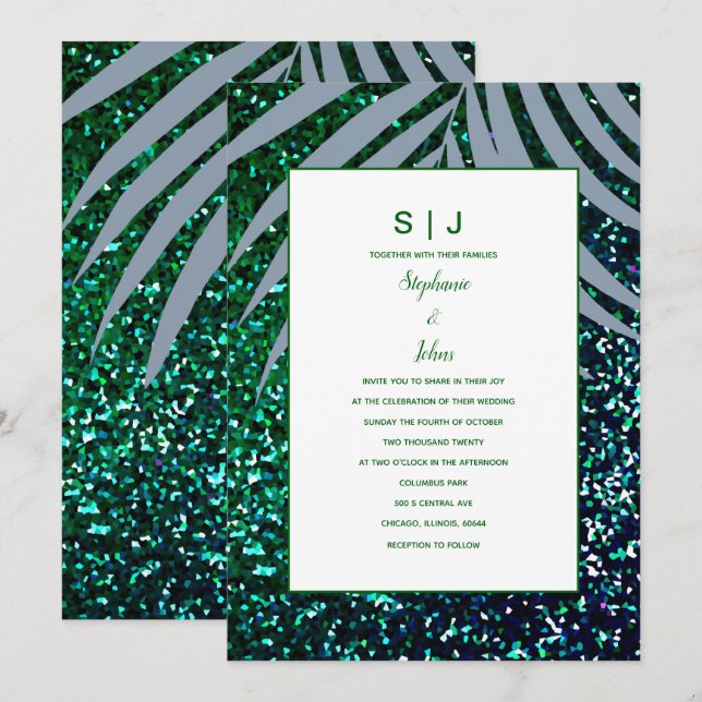 Invitation Mariage de Parties scintillant vert émeraude feuil (Devant / Derrière)