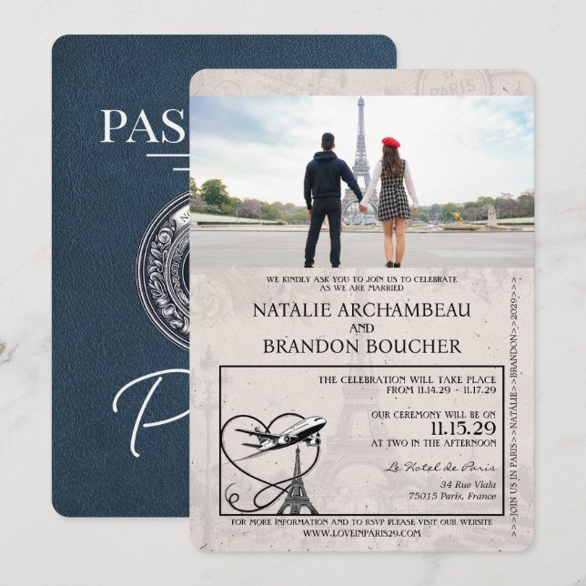 Invitation Mariage de passeport bleu marine Paris (Devant / Derrière)
