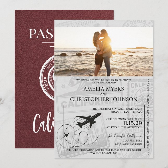 Invitation Mariage de passeport de la Bourgogne en Californie (Devant / Derrière)