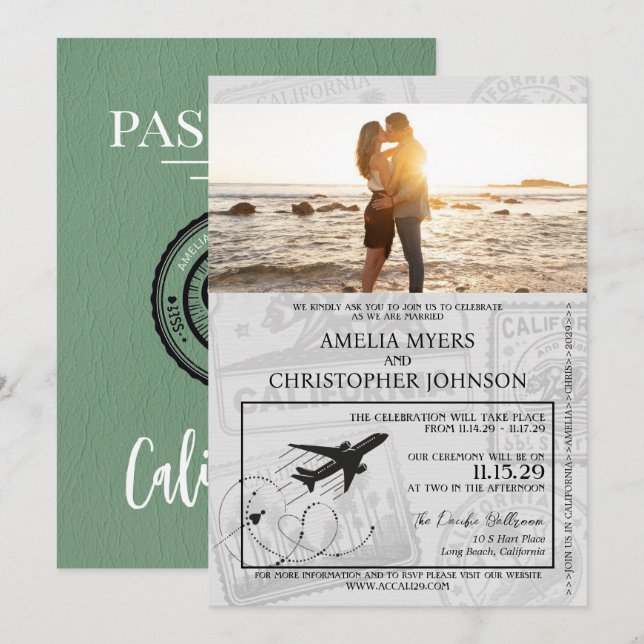 Invitation Mariage de passeport de la Californie verte (Devant / Derrière)