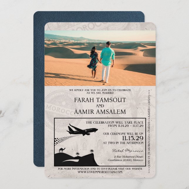 Invitation Mariage de passeport de la Marine bleu Maroc (Devant / Derrière)