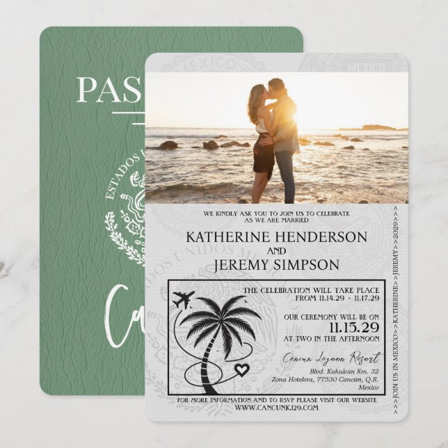 Invitation Mariage de passeport de Sage Green Cancun (Devant / Derrière)