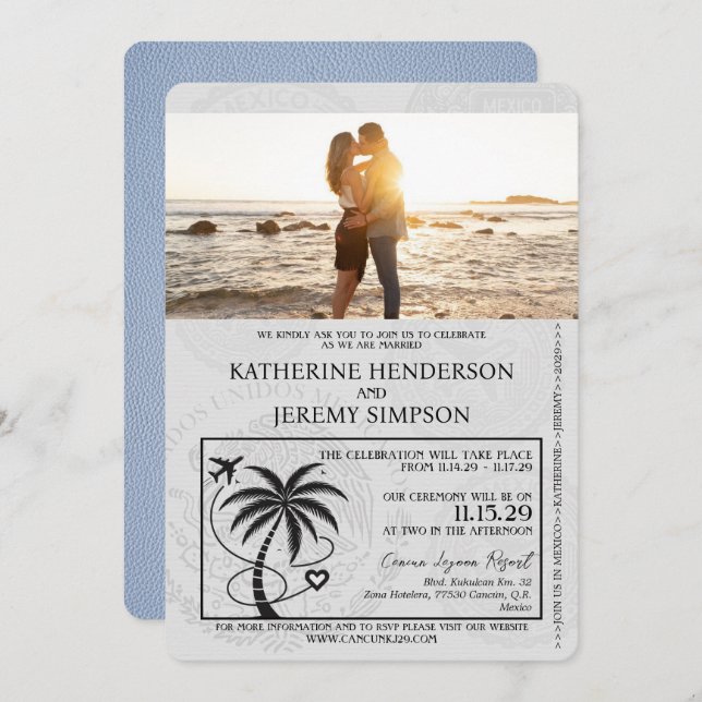 Invitation Mariage de passeport Dusty Blue Cancun (Devant / Derrière)
