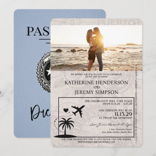 Invitation Mariage de passeport Dusty Blue Porto Rico (Devant / Derrière)