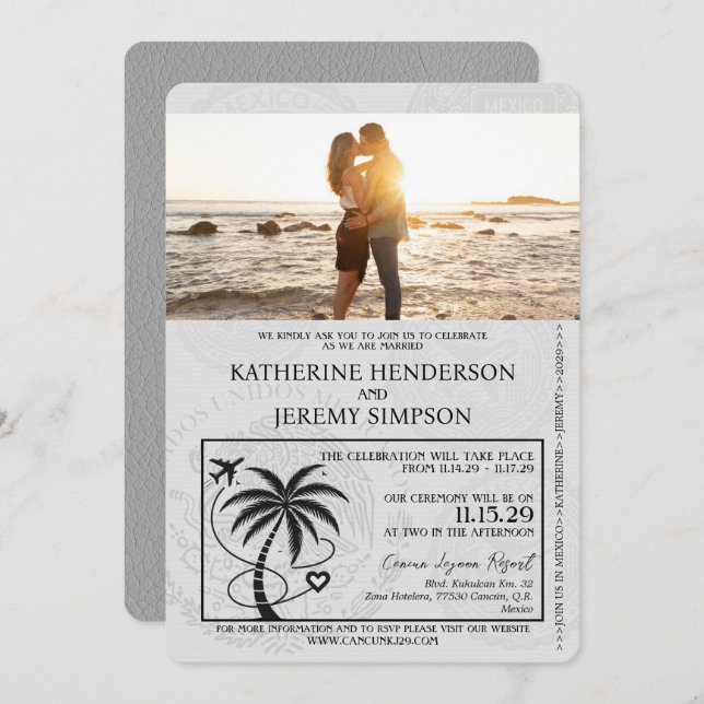 Invitation Mariage de passeport gris Cancun (Devant / Derrière)