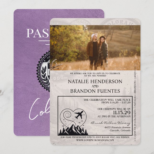 Invitation Mariage de passeport Lavender Purple Colorado (Devant / Derrière)