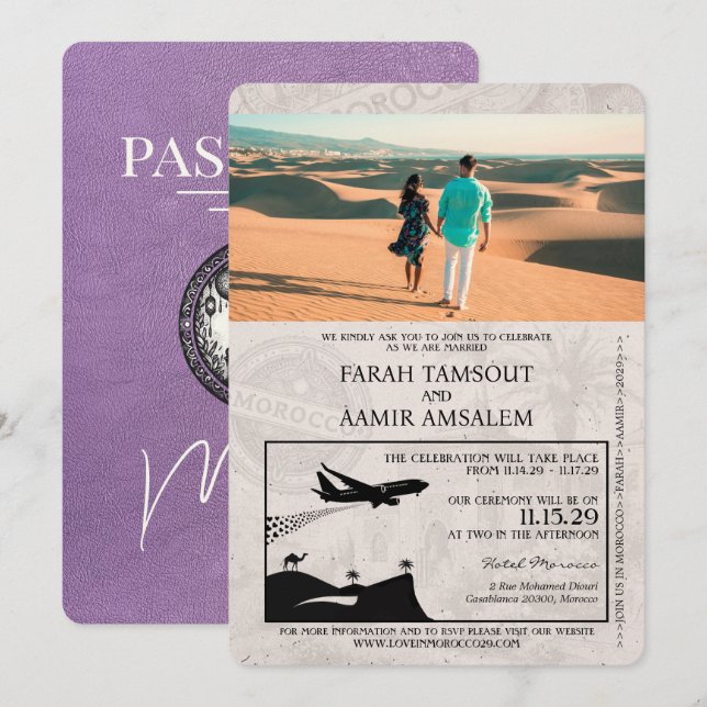 Invitation Mariage de passeport Lavender Purple Maroc (Devant / Derrière)