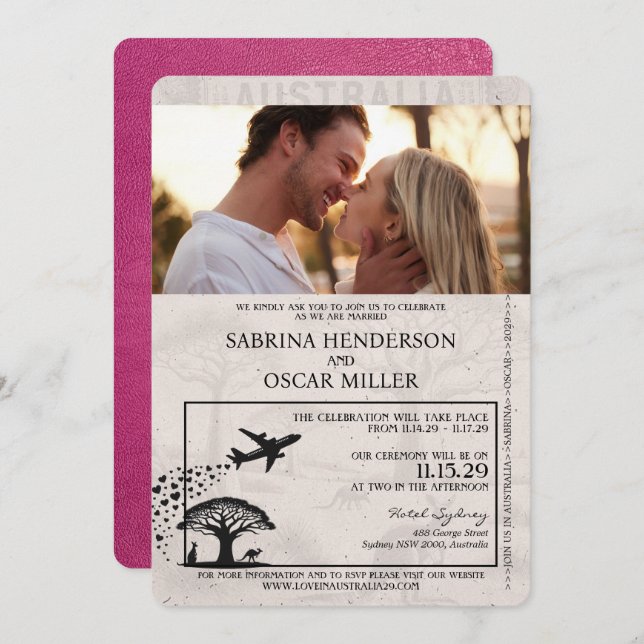 Invitation Mariage de passeport Magenta Pink Australie (Devant / Derrière)