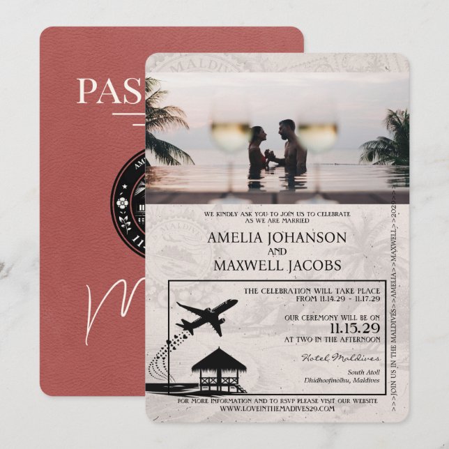 Invitation Mariage de passeport maldivien bordeaux clair (Devant / Derrière)