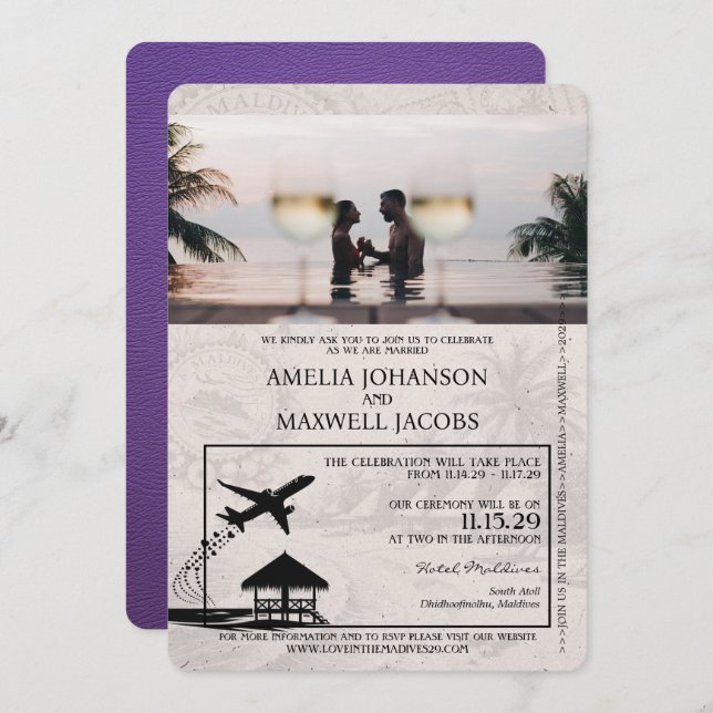 Invitation Mariage de passeport mauve Maldives (Devant / Derrière)