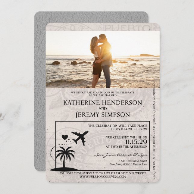 Invitation Mariage de passeport Porto Rico gris (Devant / Derrière)