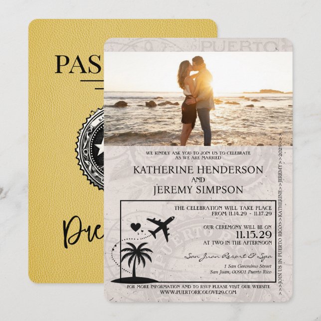 Invitation Mariage de passeport Porto Rico jaune (Devant / Derrière)