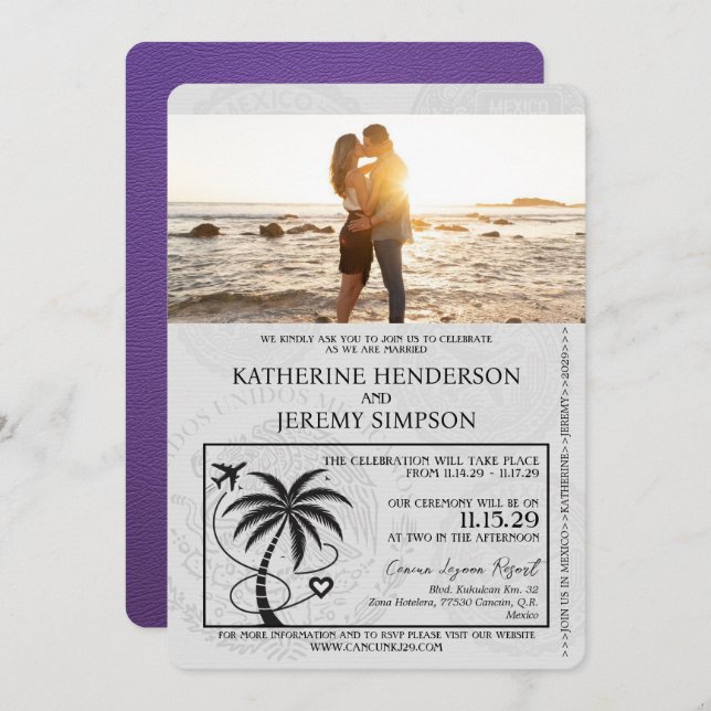 Invitation Mariage de passeport Purple Cancun (Devant / Derrière)