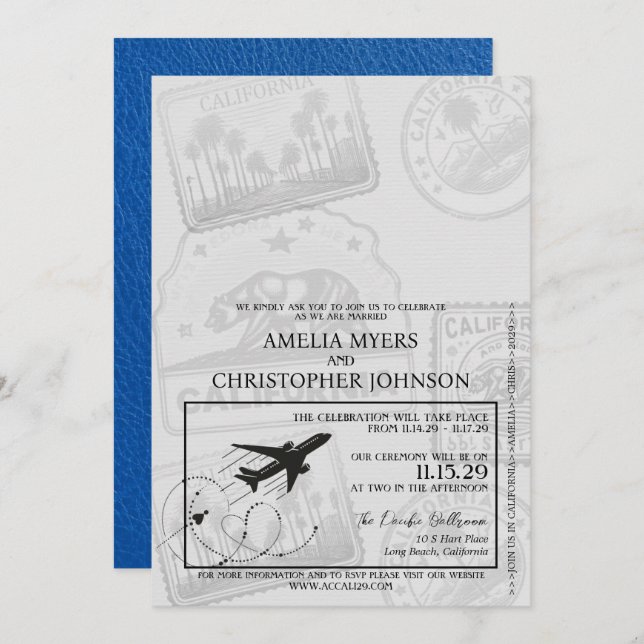 Invitation Mariage de passeport Royal Blue California (Devant / Derrière)