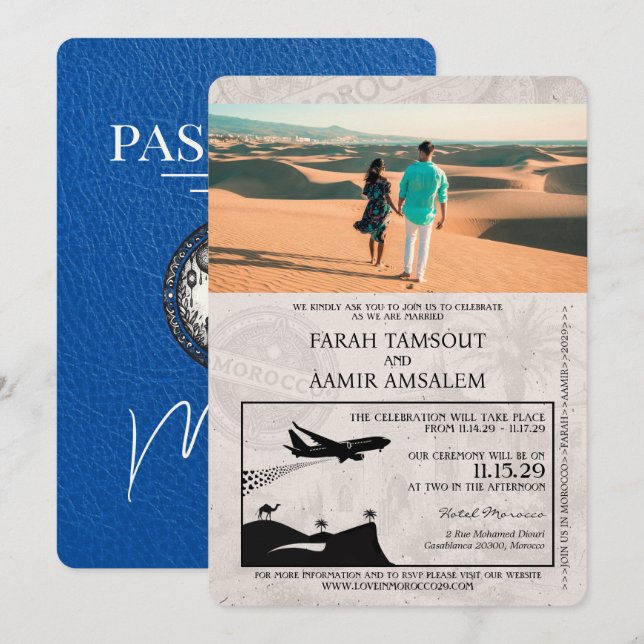 Invitation Mariage de passeport Royal Blue Maroc (Devant / Derrière)