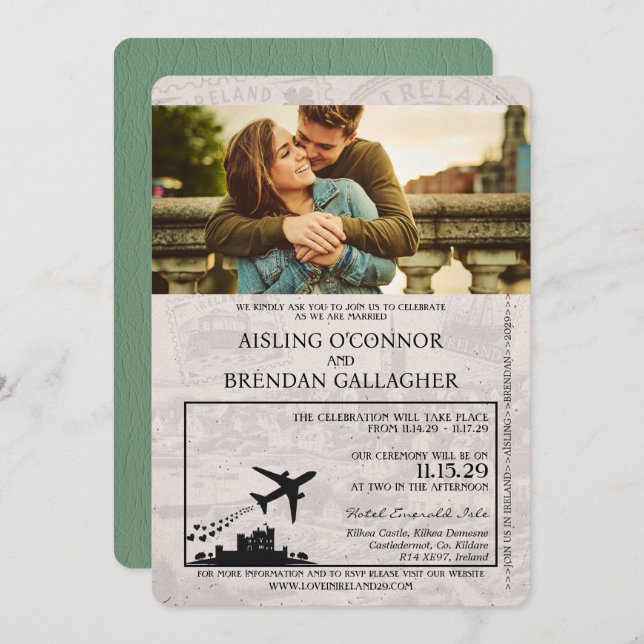 Invitation Mariage de passeport Sage Green Irlande (Devant / Derrière)