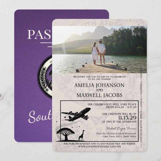 Invitation Mariage de passeport sud-africain violet (Devant / Derrière)