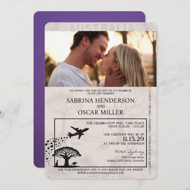 Invitation Mariage de passeport violet Australie (Devant / Derrière)