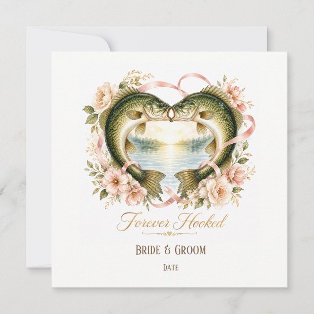 Invitation Mariage de passionné de pêche avec canne et fleurs (Devant)