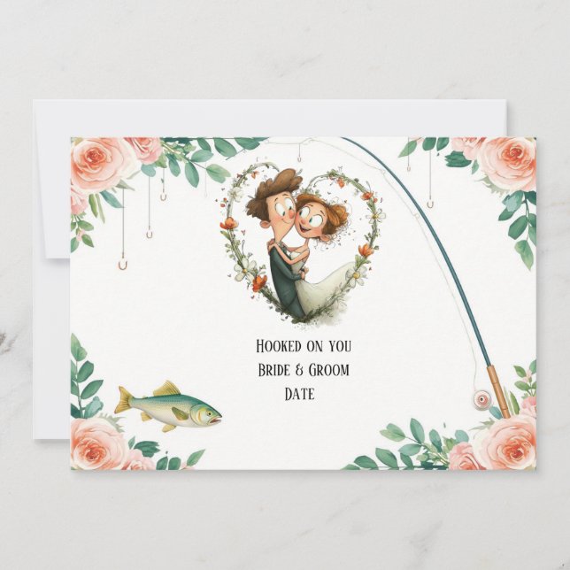 Invitation Mariage de passionné de pêche avec canne et fleurs (Devant)