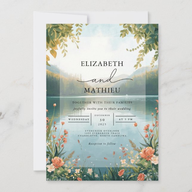 Invitation Mariage de paysage bleu-floral (Devant)