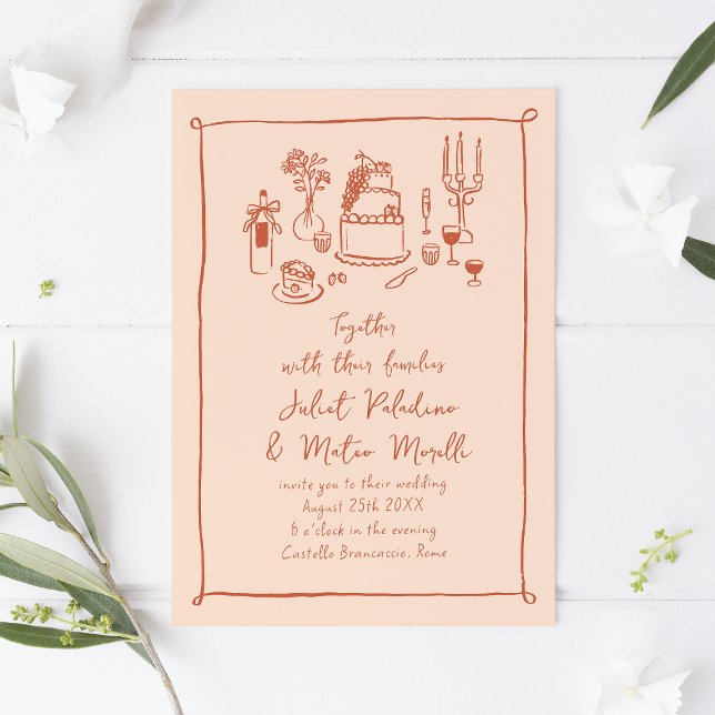 Invitation Mariage de pêche manuscrit avec croquis de nourrit (peach quirky hand-drawn wedding invitation with food doodles)